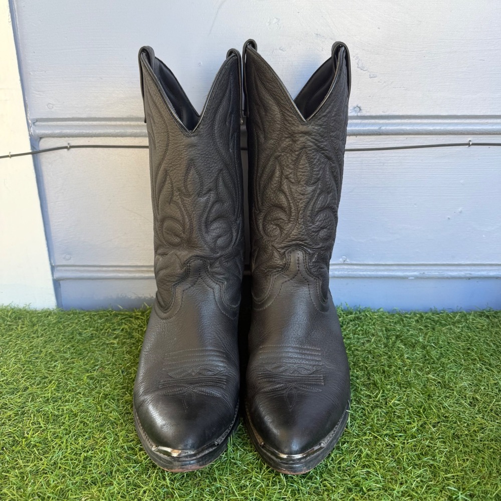 Masterson Mens Black Leather Western Cowboy Boots Size 9.5 EW Metal Toe Tip